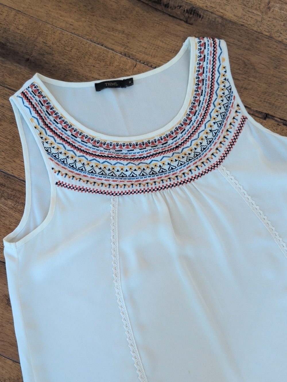 THML White Sleeveless Embroidered Yoke Tank